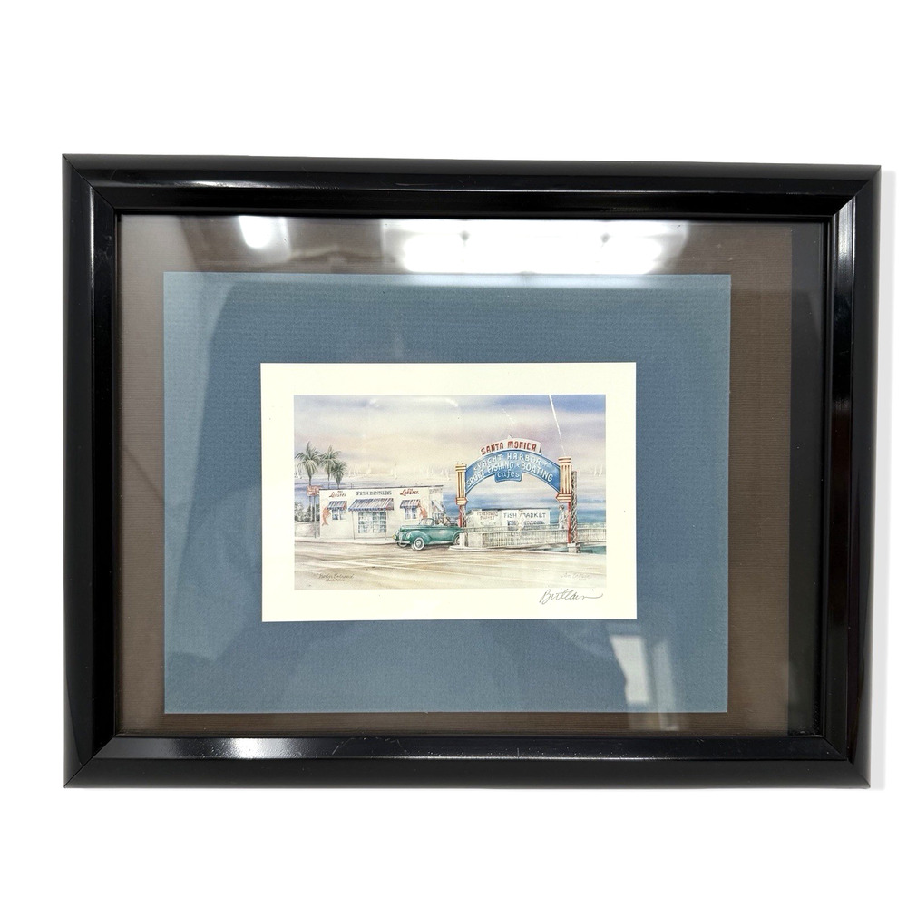 Vintage Sta Monica Harbor Framed Print Signed Britton Coastal CA Wall Art EUC